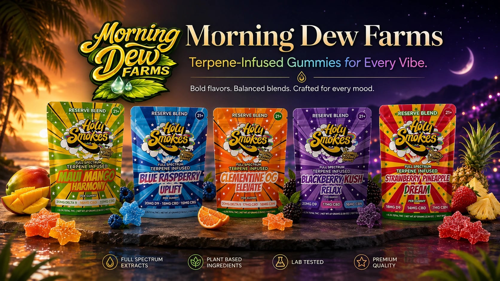 Morning Dew Farms Reserve Blend, the five Holy Smokes gummy pouches on a beach at sunset, with mango, pineapple, berries and star-shaped gummies around them