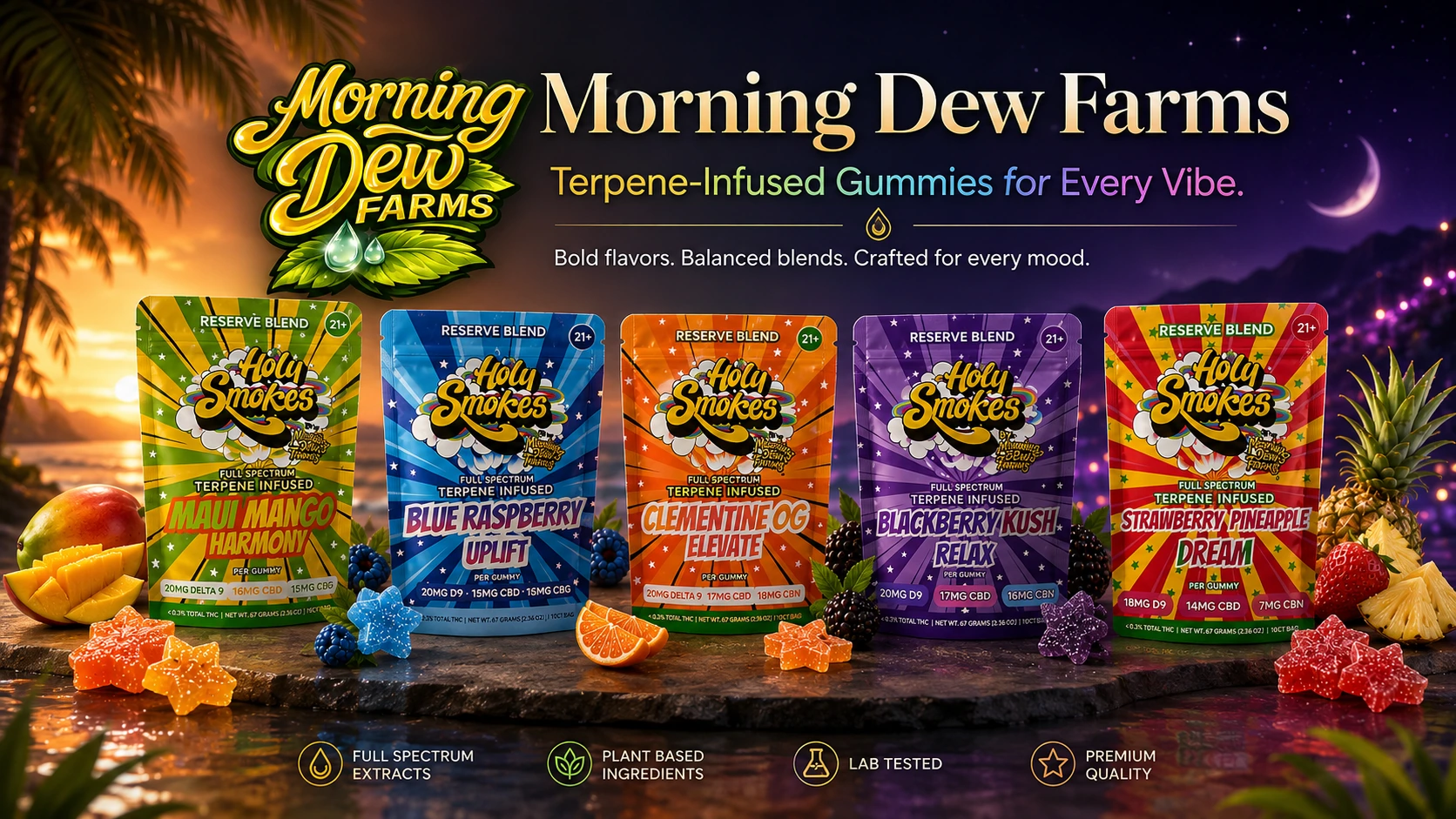 Morning Dew Farms Reserve Blend, the five Holy Smokes gummy pouches on a beach at sunset, with mango, pineapple, berries and star-shaped gummies around them