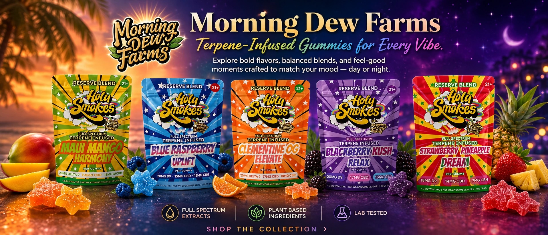 The five Reserve Blend gummy pouches lined up, with fruit and star-shaped gummies in front
