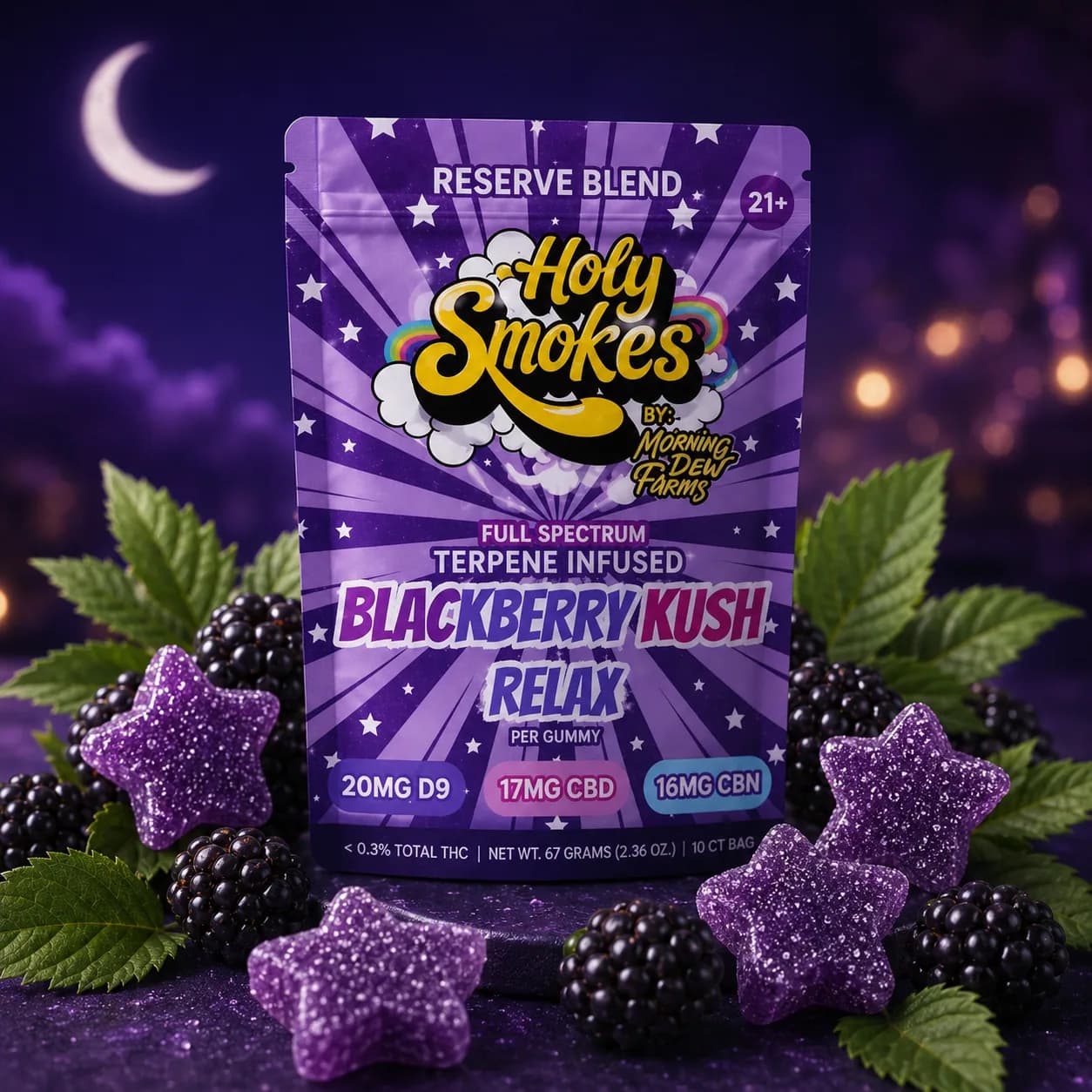 The purple Blackberry Kush Relax pouch standing upright against a deep purple night sky, ringed by fresh blackberries, green leaves and sugared purple star gummies.