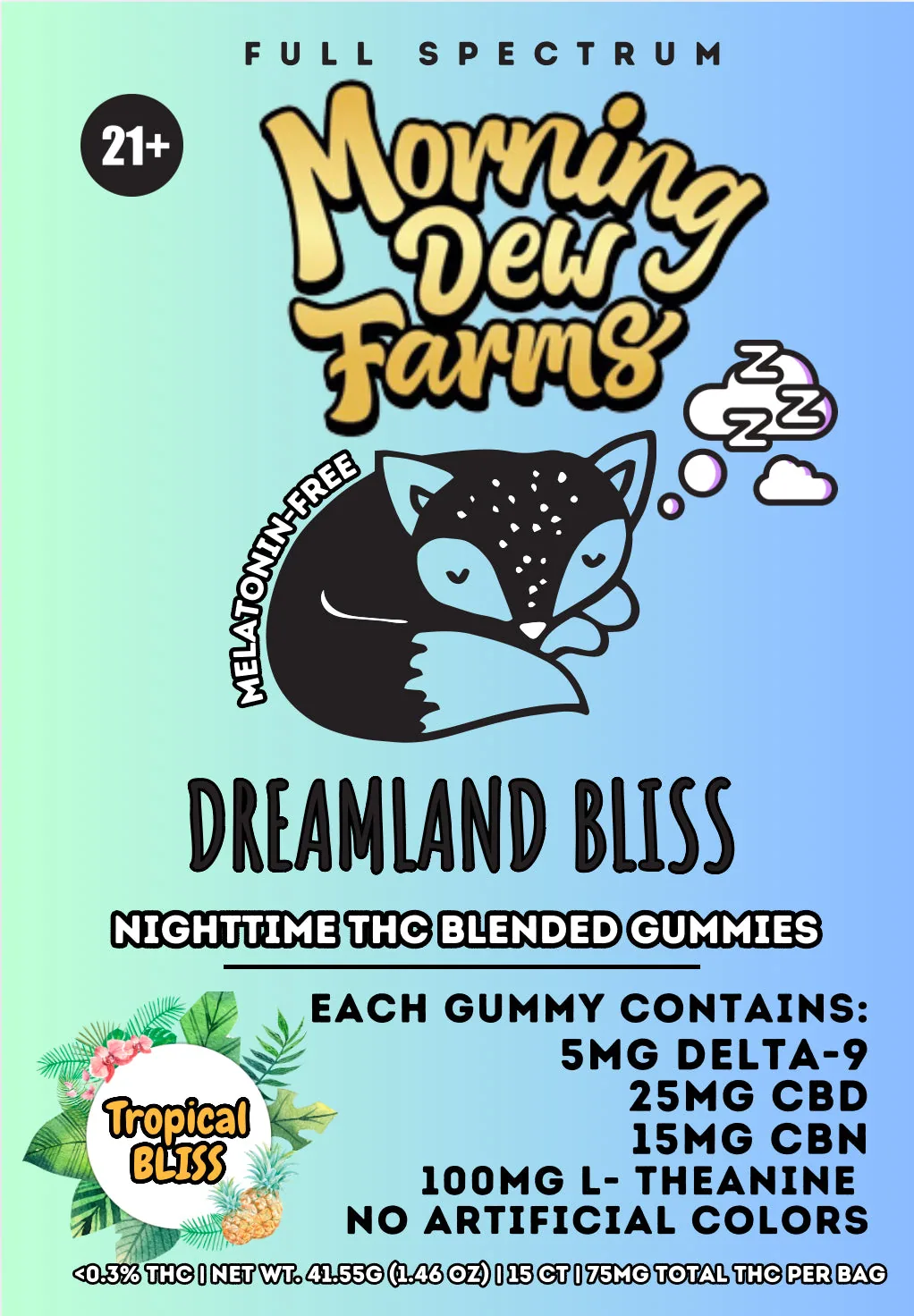 The Dreamland Bliss pouch in pale mint and blue, printed with a sleeping fox, a melatonin-free badge and the list of what each gummy contains across the bottom.