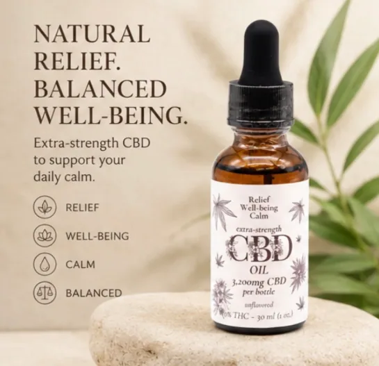 An amber dropper bottle of Extra-Strength CBD Oil standing on a smooth stone with green leaves behind it.