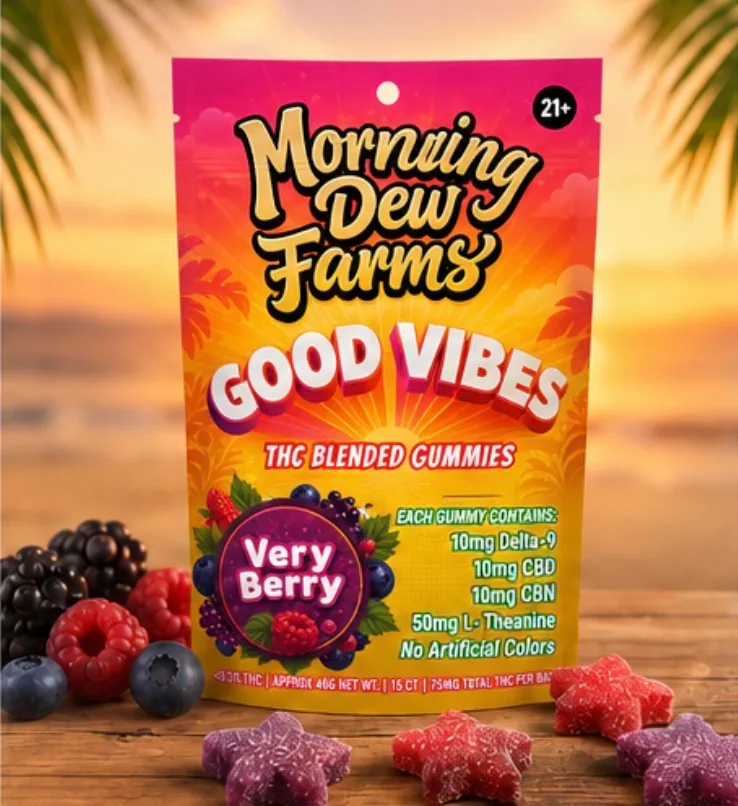 The Good Vibes pouch standing on a wooden table with blackberries, raspberries and blueberries beside it and red and purple star-shaped gummies scattered in front, palm fronds blurred in the background.
