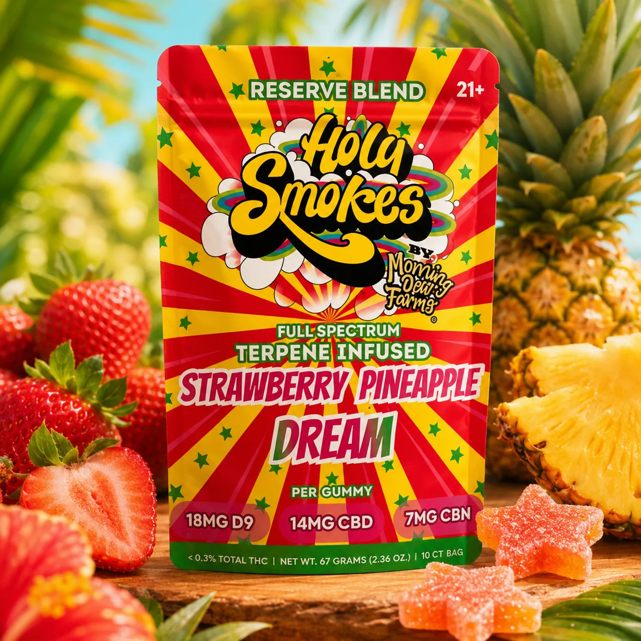 The red and yellow Strawberry Pineapple Dream pouch on a wooden board, with fresh strawberries at the left, a whole pineapple at the right and two red star gummies in front.